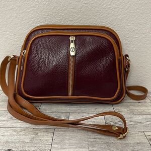 Valentina  Italian Leather Burgundy/Tan Crossbody